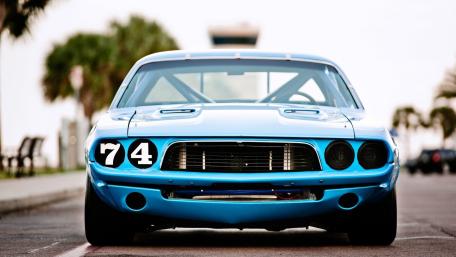 Blue 1974 Dodge Challenger Race Front View Wallpaper wallpaper