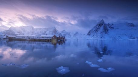 Blue Hour Calm Over a Lofoten Fishing Village in Winter wallpaper