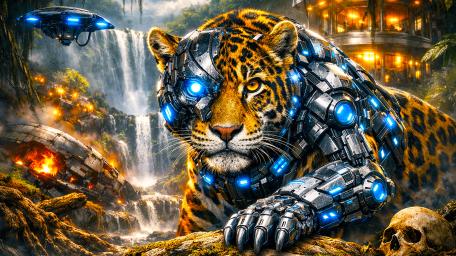 Cybernetic Tiger Guardian Among Waterfalls and Neon Ruins wallpaper