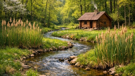 Tranquil Log Cabin by a Sunlit Creek in Spring Forest wallpaper