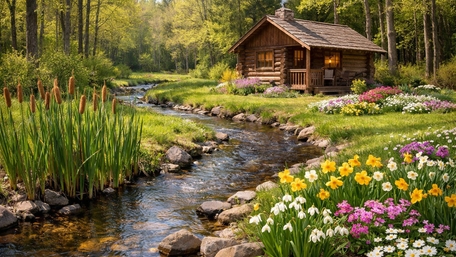 Spring Creek Cottage Retreat Among Wildflowers and Sunlit Woods wallpaper