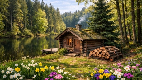 Spring Lakeside Log Cabin in a Fir Forest Retreat wallpaper