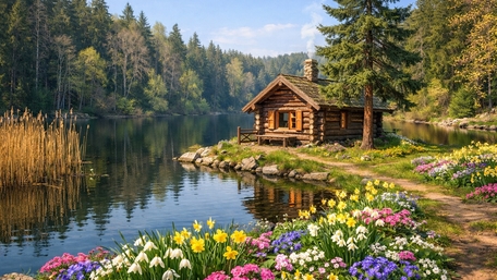Spring Lakeside Log Cabin Among Wildflowers and Pines wallpaper