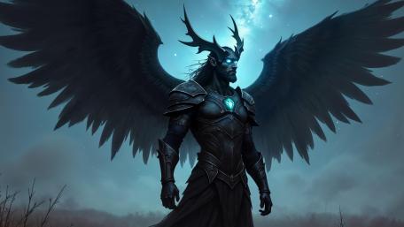 Abyssal Winged Sentinel Under Moonlit Storm Skies wallpaper