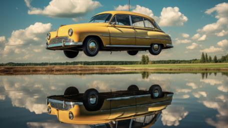 Floating Yellow Classic Car Over Mirror Calm Waters in 4K wallpaper