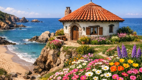 Seaside Cottage Above a Turquoise Bay and Wildflower Garden wallpaper