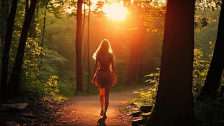 Sunlit Woodland Walk with Blonde Girl in Summer Forest Glow wallpaper
