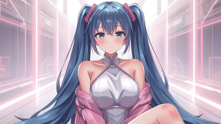 Neon Corridor Muse with Long Twin Tails in 5K wallpaper