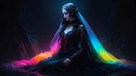 Rainbow Veil Sorceress in Midnight Grotto Fantasy 5K Wallpaper wallpaper