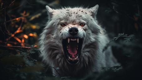 Feral Fury White Wolf Roaring in Shadowed Forest wallpaper