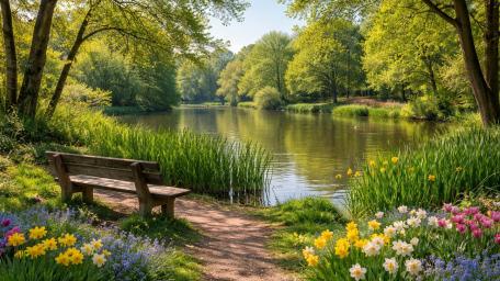 Spring on the sunny lakeside wallpaper