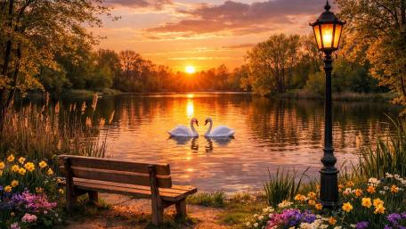Evening atmosphere at the lake with two swans wallpaper