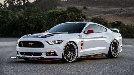 White Ford Mustang with USA Decals and Aggressive Track Stance wallpaper