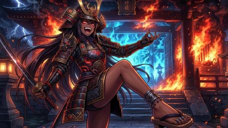 Inferno Shrine Samurai Girl Unleashed in Midnight Storm wallpaper