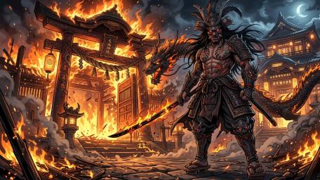Infernal Samurai Guardian Amid Burning Shrine and Moonlit Storm wallpaper