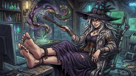 Cyber Witch in a Spellbound Workshop Lounge wallpaper
