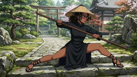 Bamboo Staff Warrior Girl in Tranquil Shrine Garden wallpaper