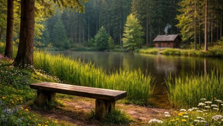 Cabin by a small forest lake wallpaper