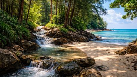 Tropical Creek Waterfall Meeting the Turquoise Sea on a Quiet Beach wallpaper