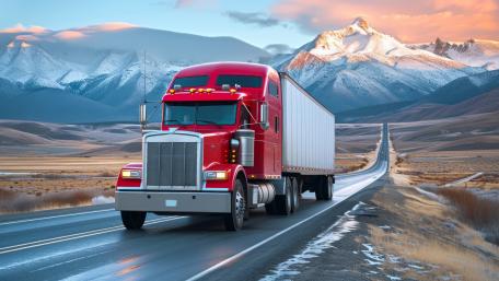 Crimson Semi Truck Cruising an Endless Mountain Highway in 5K wallpaper