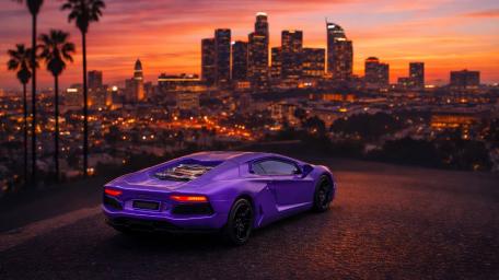 Purple Lamborghini Aventador Overlooking a Glowing City at Sunset wallpaper