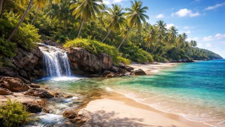 Tropical Waterfall Meeting Turquoise Sea on a Palm Lined Beach wallpaper