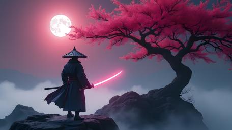 Neon Katana Samurai Under Moonlit Pink Blossoms wallpaper