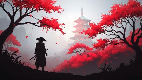 Crimson Maple Silence Samurai Silhouette Before the Misty Pagoda wallpaper
