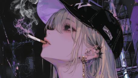 Neon Smoke Cyberpunk Anime Girl in Midnight City Glow wallpaper