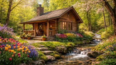 Spring Creek Log Cabin Retreat in a Blooming Forest Glade wallpaper