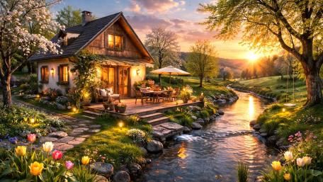 Sunlit Cottage by a Whispering Creek at Spring Sunset wallpaper