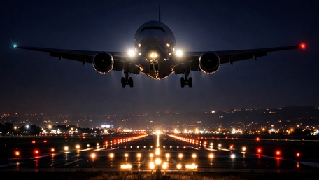 Midnight Approach Jetliner Over a Glittering Runway of City Lights wallpaper