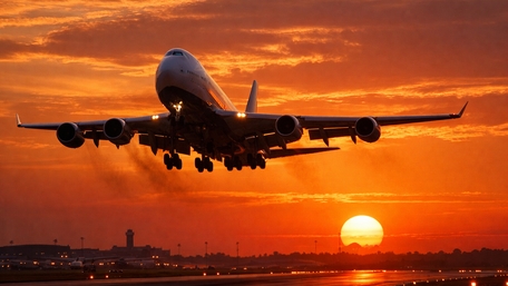 Jetliner Liftoff Against a Fiery Sunset Sky wallpaper