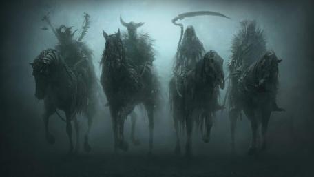 Spectral Four Horsemen Ride Through the Fog of Revelation wallpaper