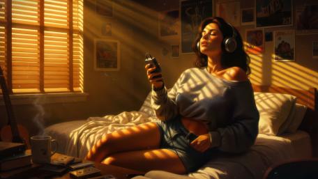 Sunlit Lofi Bedroom Serenity with Headphones and Soft Morning Vibes wallpaper