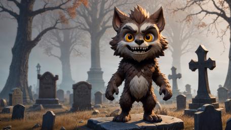 Cheeky Cartoon Werewolf Thumbs Up in Misty Graveyard 5K Wallpaper wallpaper