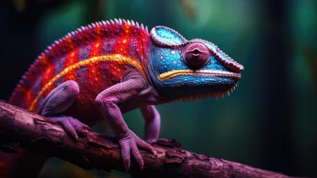 Neon Dream Chameleon Perched on a Shadowed Jungle Branch wallpaper