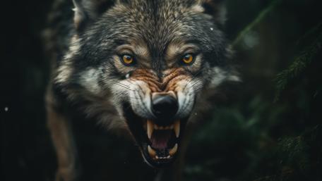 Feral Fury Wolf Snarl in Shadowed Forest wallpaper