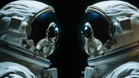 Mirrored Astronauts in Silent Orbit Reflection wallpaper
