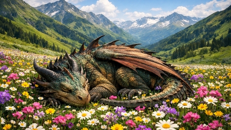 Sleeping Dragon in a Wildflower Valley Beneath Snowy Peaks wallpaper