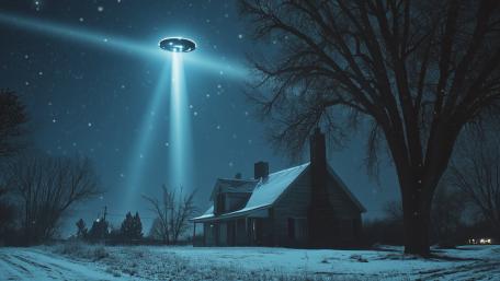 Midnight Visitor Over a Snowy Farmhouse in Silent Starlit Skies wallpaper