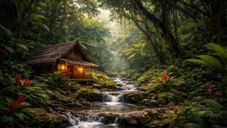 Small hut in the tropical rainforest wallpaper