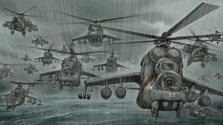 Mi-24 Hind Squadron Charging Through Stormy Skies in Formation wallpaper