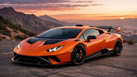 Sunset Mountain Lamborghini Supercar in Vivid Orange AI Art wallpaper