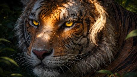 Golden Eyed Tiger Portrait in Forest Shadows 5K AI Art Wallpaper wallpaper