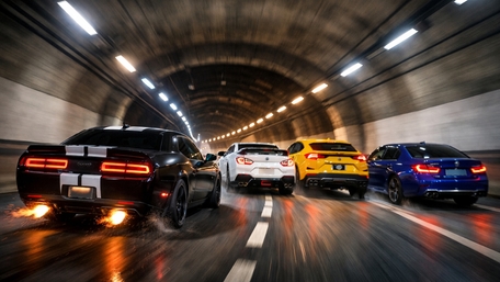 Midnight Tunnel Muscle Car Sprint With Neon Reflections wallpaper