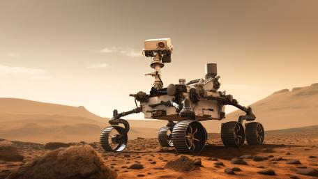 Autonomous Mars Rover Crossing Crimson Dunes in Cinematic 5K Detail wallpaper