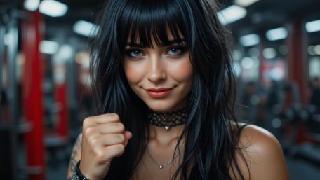Confident Black Haired Girl With Bangs in Neon Lit Gym wallpaper
