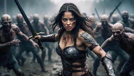 Steel Resolve of the Warrior Woman Amid the Undead Horde wallpaper