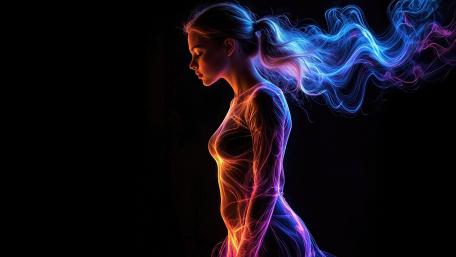 Neon Serenity Portrait of a Long Haired Girl in Electric Light wallpaper
